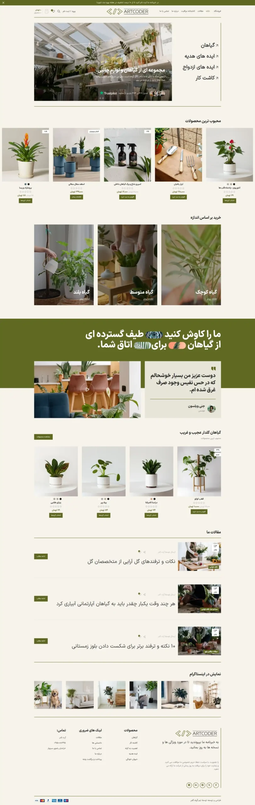 فروشگاه گل و گیاه دمو فروشگاه گل و گیاه با نمایش گیاهان آپارتمانی، گلدانهای دکوراتیو و ابزار باغبانی در طراحی مینیمال طبیعی